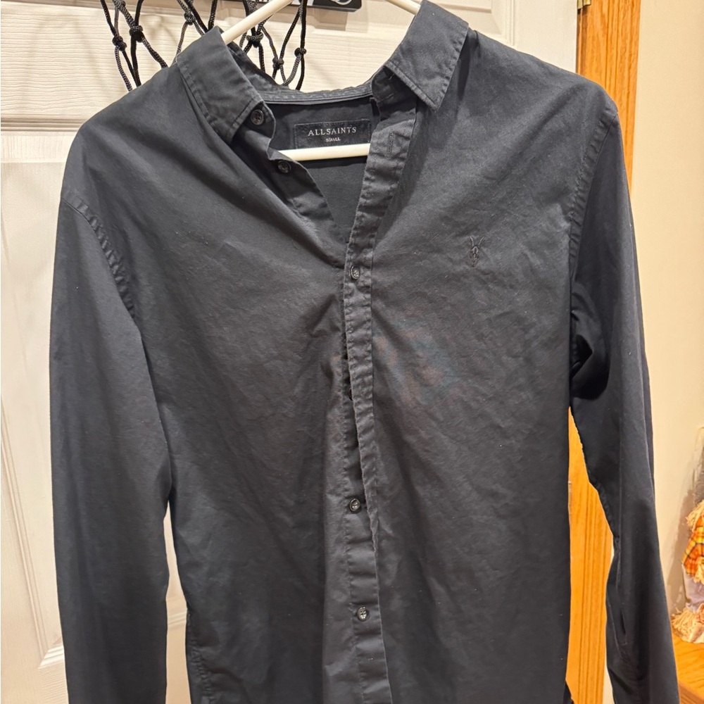 All Saints Men's Charcoal blue  Button Down Shirt